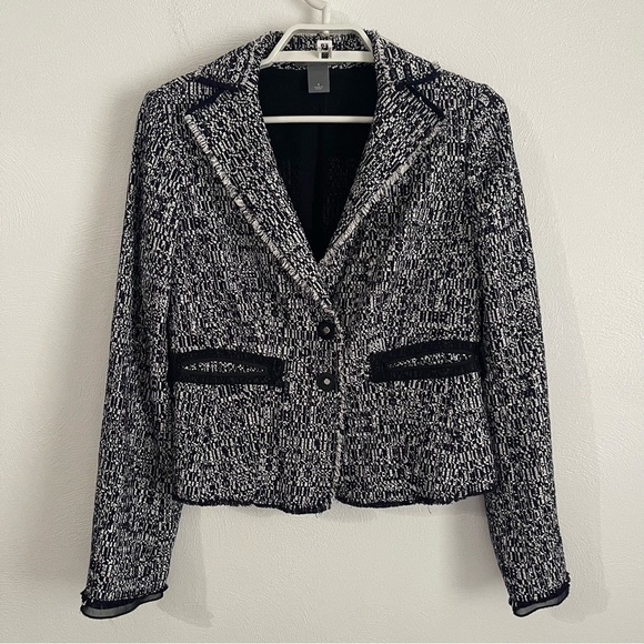 Ann Taylor Tweed Blazer navy white classic style fringed edges size 6 - Picture 1 of 16